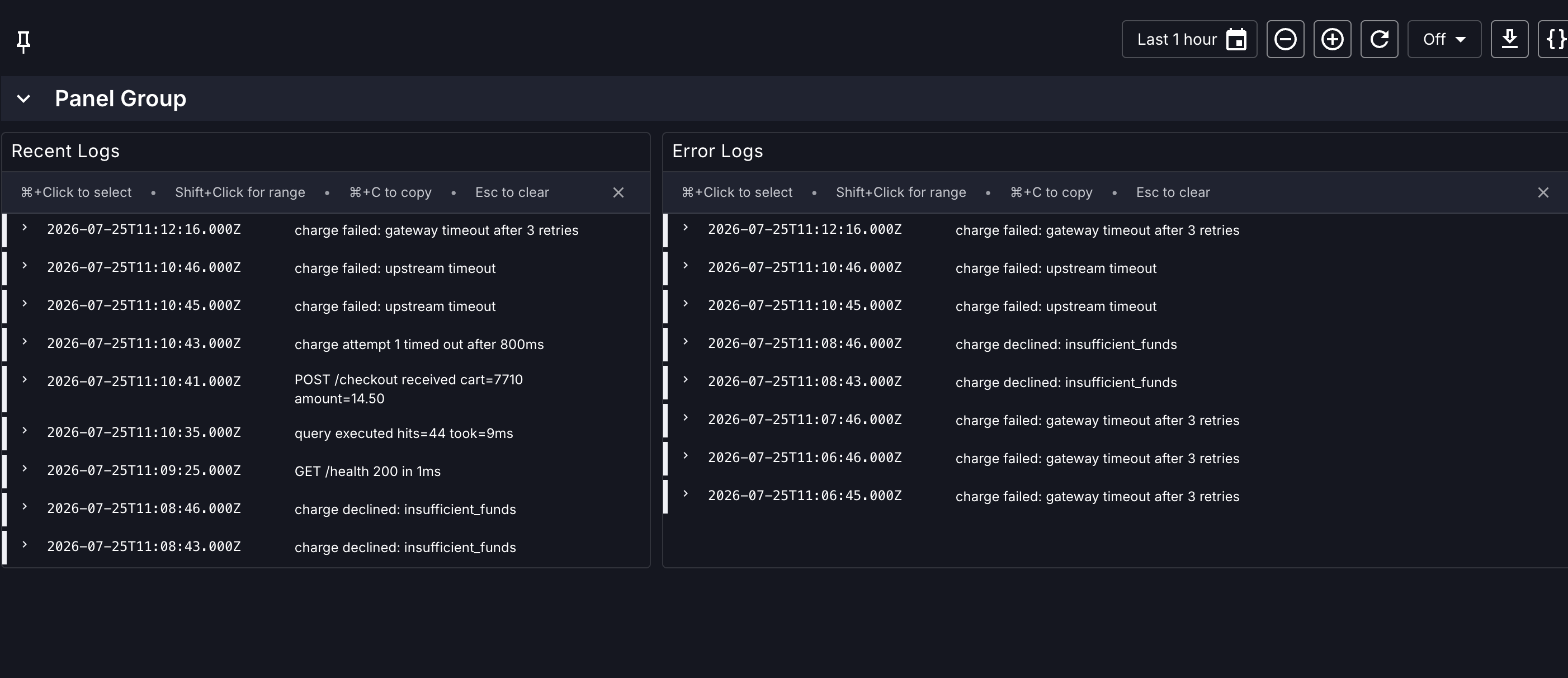 OpenSearch log panels on a dashboard