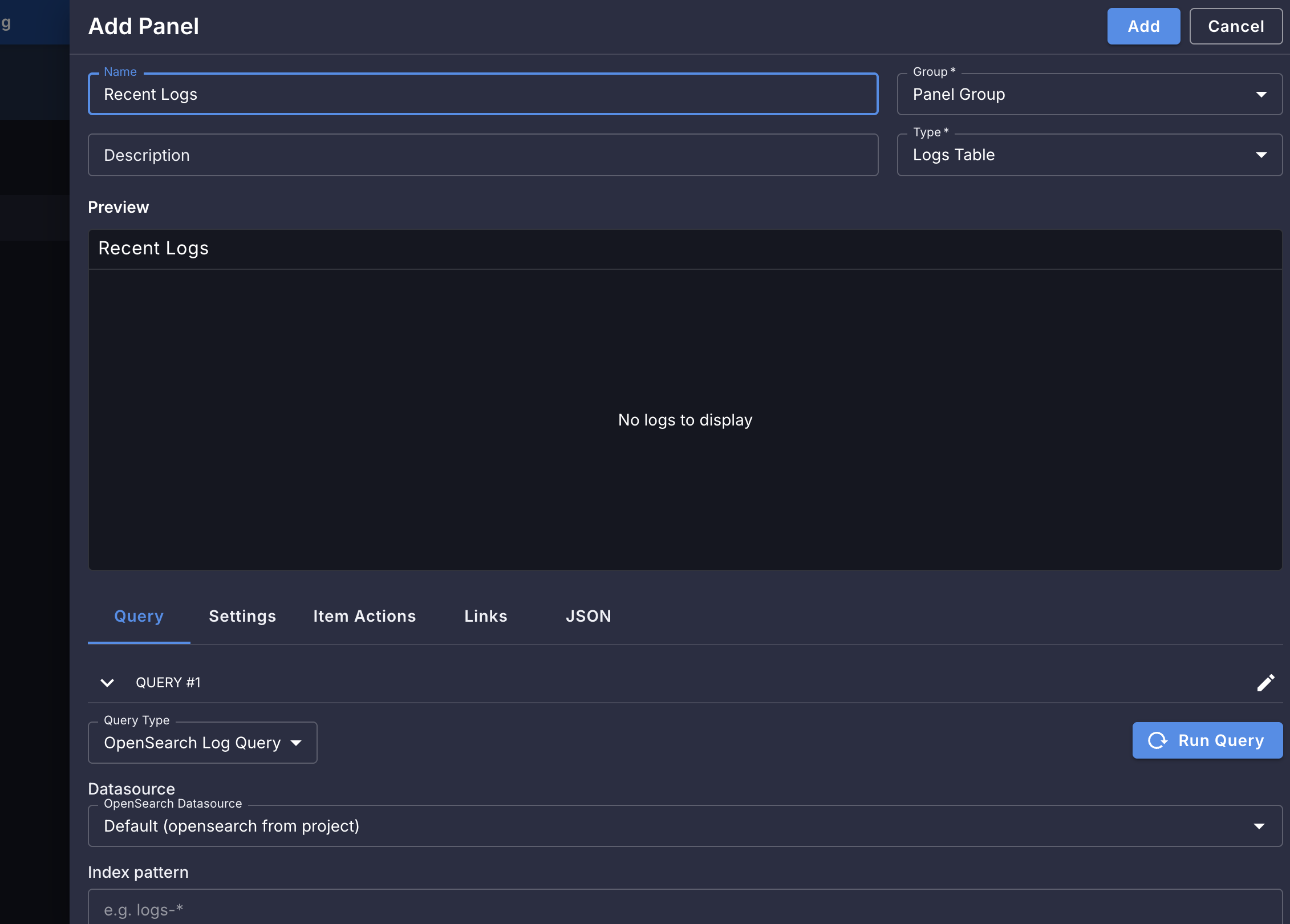 OpenSearch Log Query panel editor
