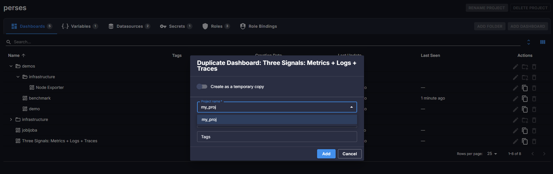 Duplicate a dashboard into another project
